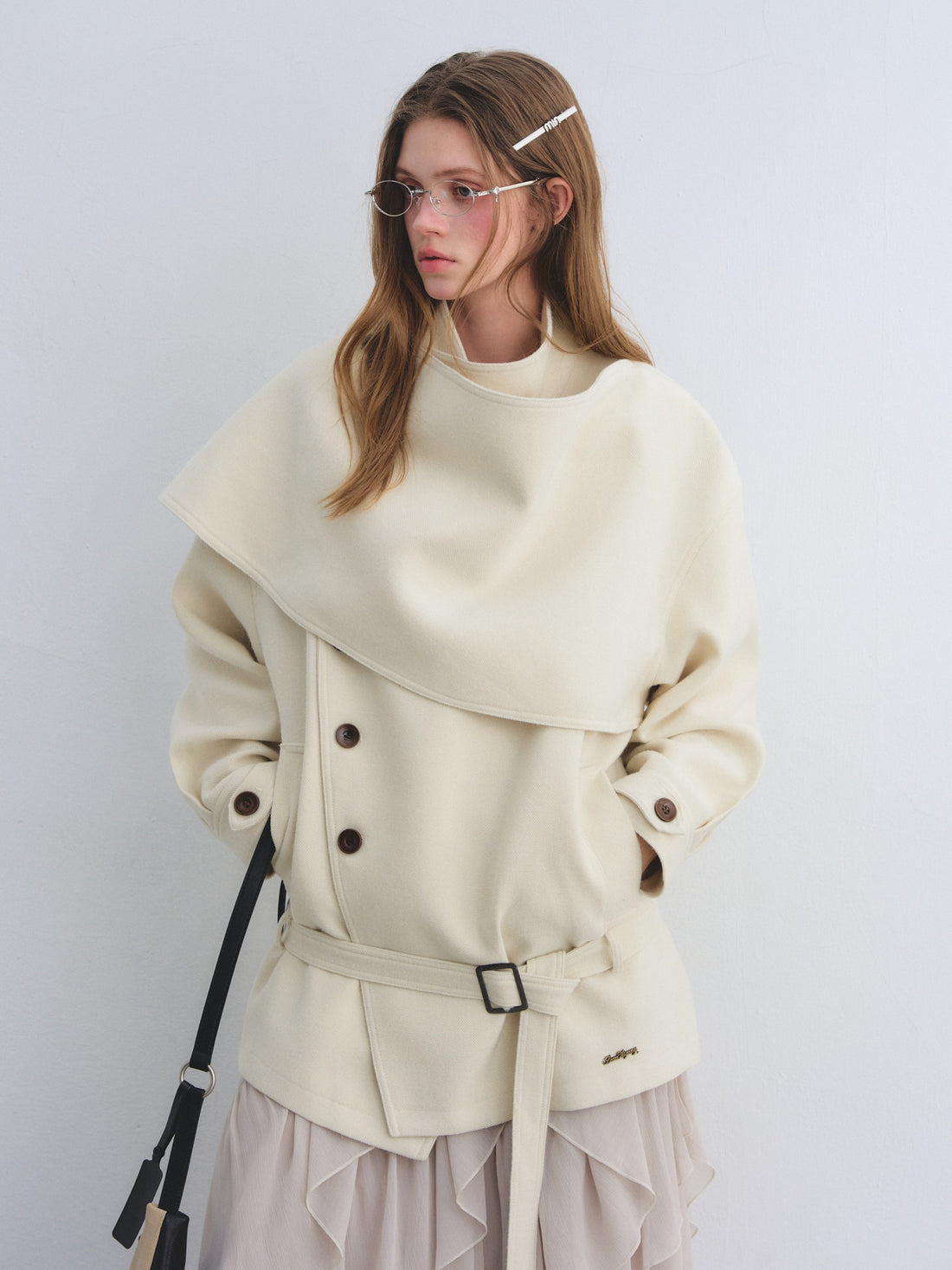 AsGony ASG25647 Woolen patchwork collar shawl woolen windbreaker