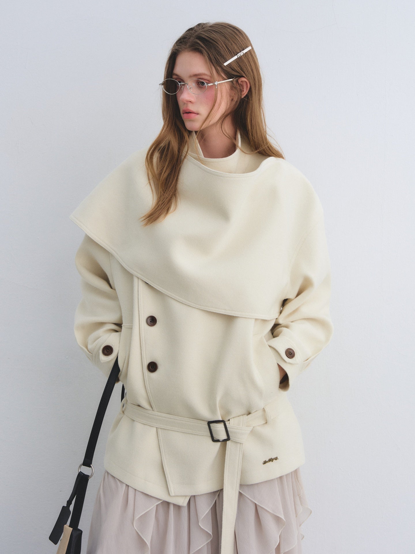 AsGony ASG25647 Woolen patchwork collar shawl woolen windbreaker