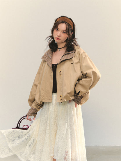 AsGony ASG25349 Grid splicing cocoon shaped windbreaker jacket