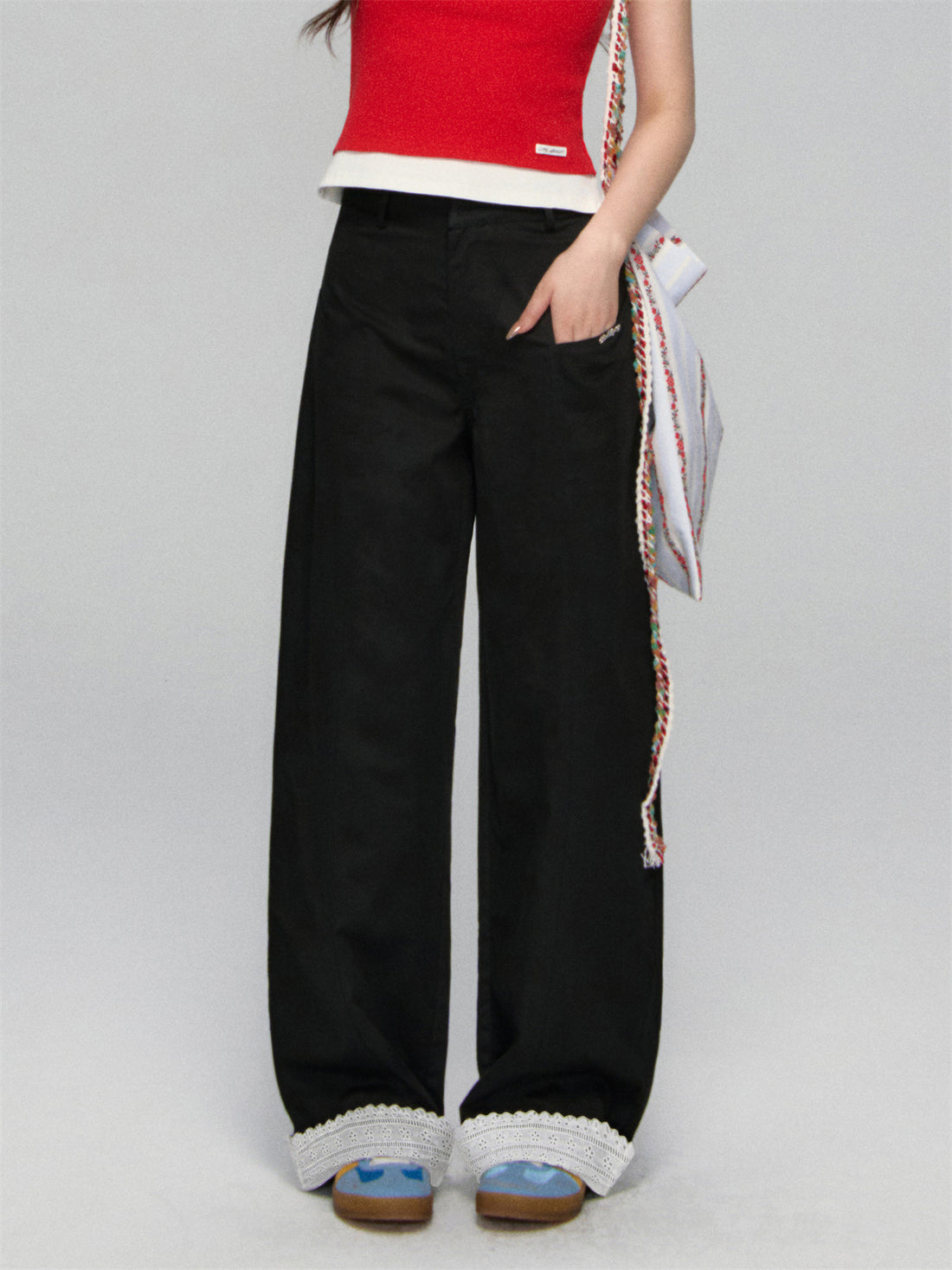 AsGony ASG25158 Flanging lace loose casual pants