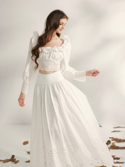 YZZI HE French embroidery hollowed out lace top + skirt set