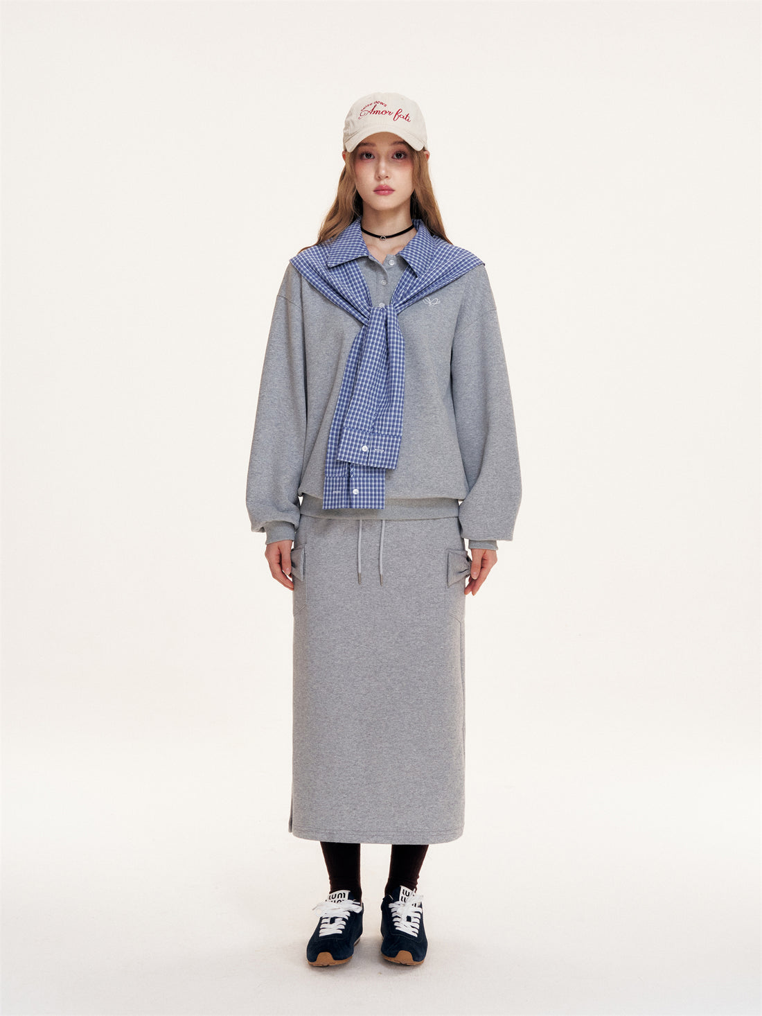 16DEWS 16D25399&16D25340 Grid patchwork polo lapel long sleeved sweatshirt + pants set