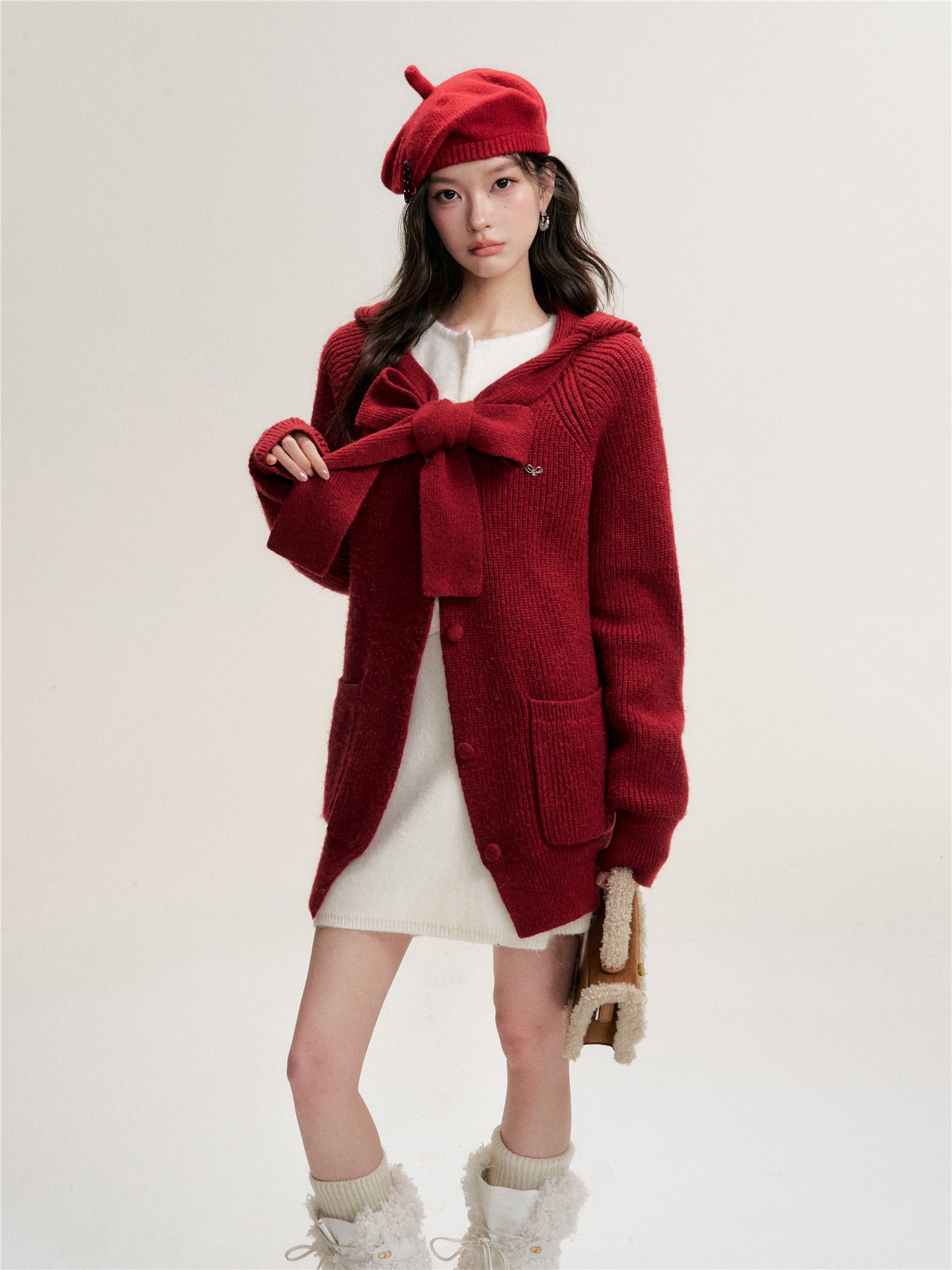 16DEWS 16D25473 Bow tie V-neck loose knit cardigan (with knit cap)