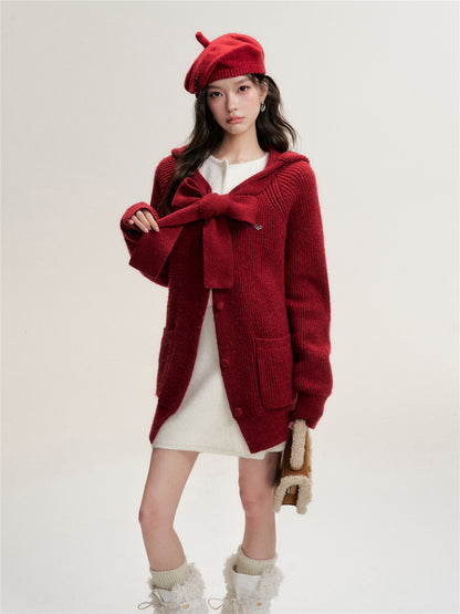16DEWS 16D25473 Bow tie V-neck loose knit cardigan (with knit cap)