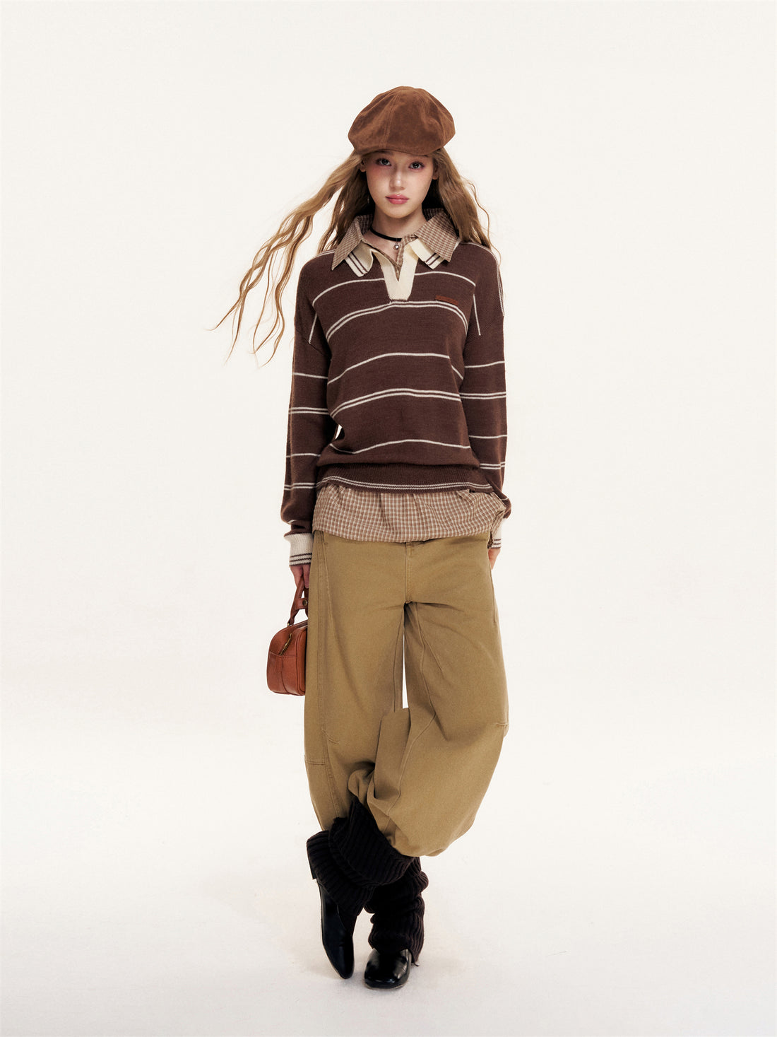 16DEWS 16D25380 Polo collar fake two-piece pullover sweater