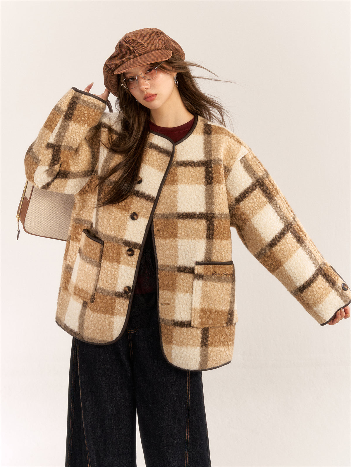 Asgony ASG30987 retro plaid round neck woolen jacket