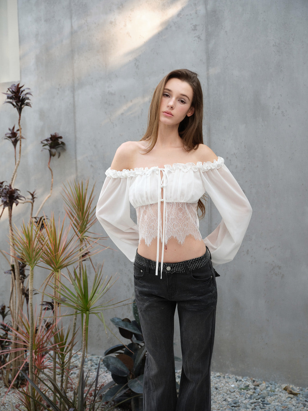 NONCESTNON N318 White chiffon lace long shirt