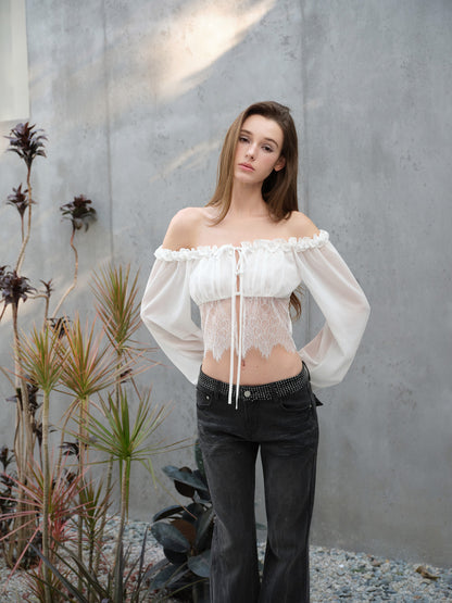 NONCESTNON N318 White chiffon lace long shirt