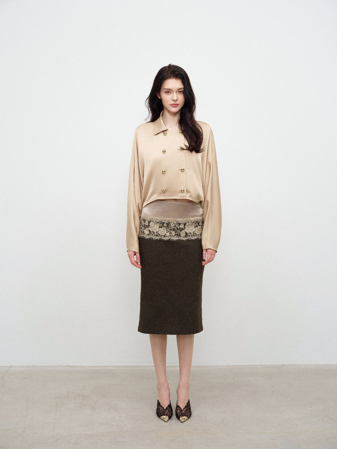 NONCESTNON N378 Lace Panelled Midi Skirt