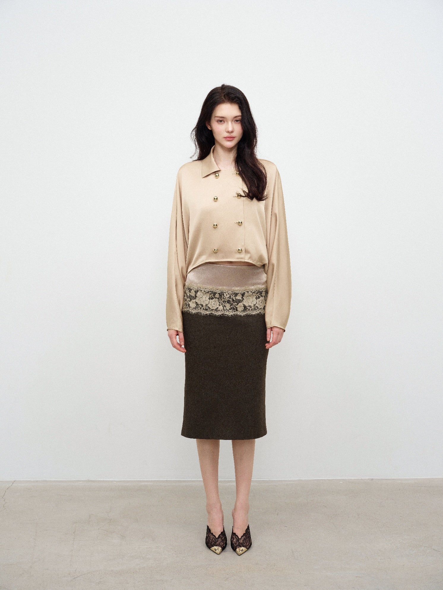 NONCESTNON N378 Lace Panelled Midi Skirt