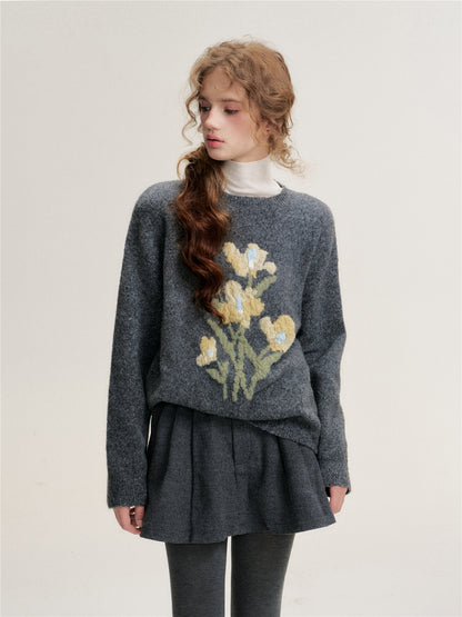 16DEWS 16D25452 3D jacquard contrasting floral pullover sweater