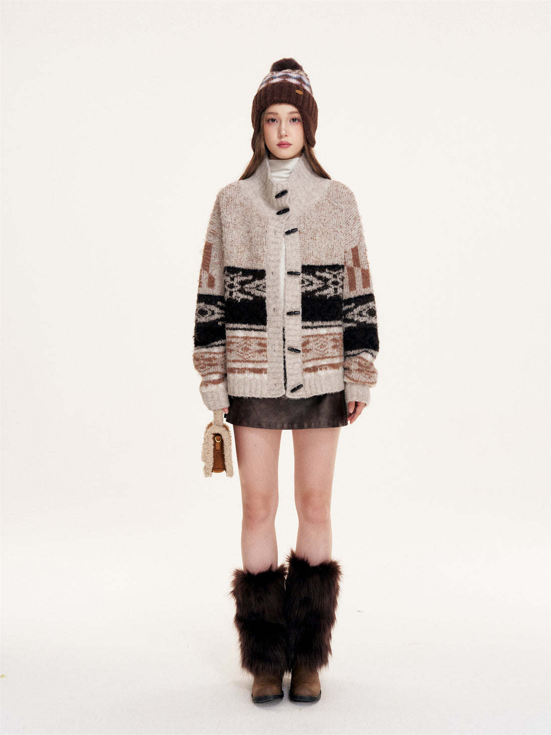 16DEWS 16D25386  Fair Isle Lapel Loosely Knitted Sweater