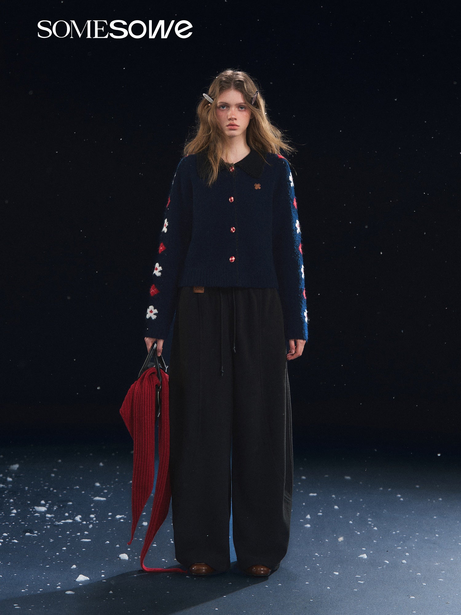 SOMESOWE S2508314 Retro Flower Jacquard Notched Collar Cardigan