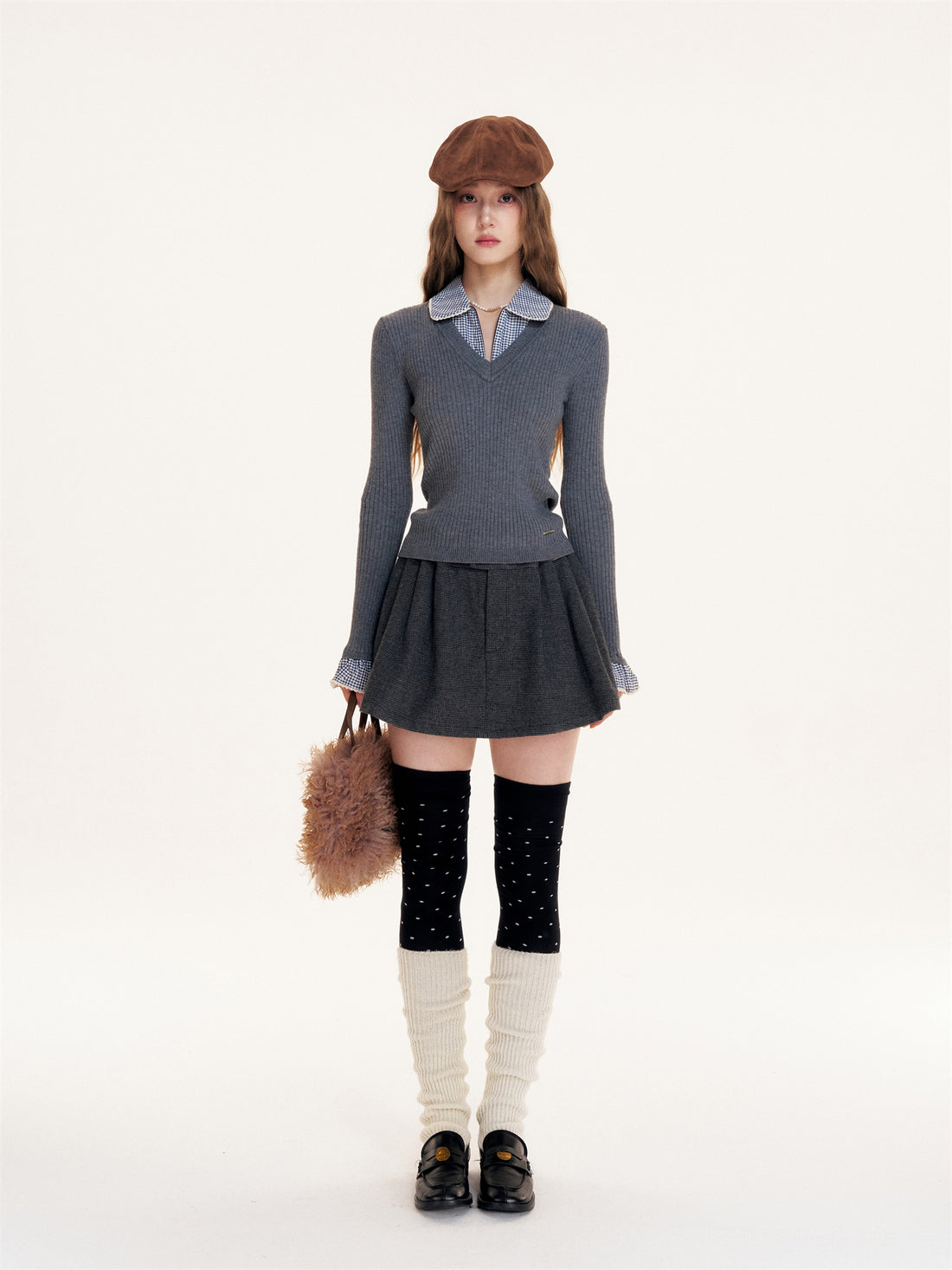 16DEWS 16D25405 Plaid contrasting splicing fake two-piece knitted top