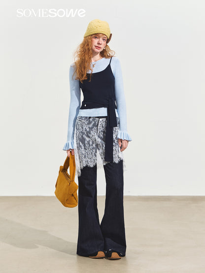 SOMESOWE S2508252 Fake two piece lace micro flared jeans