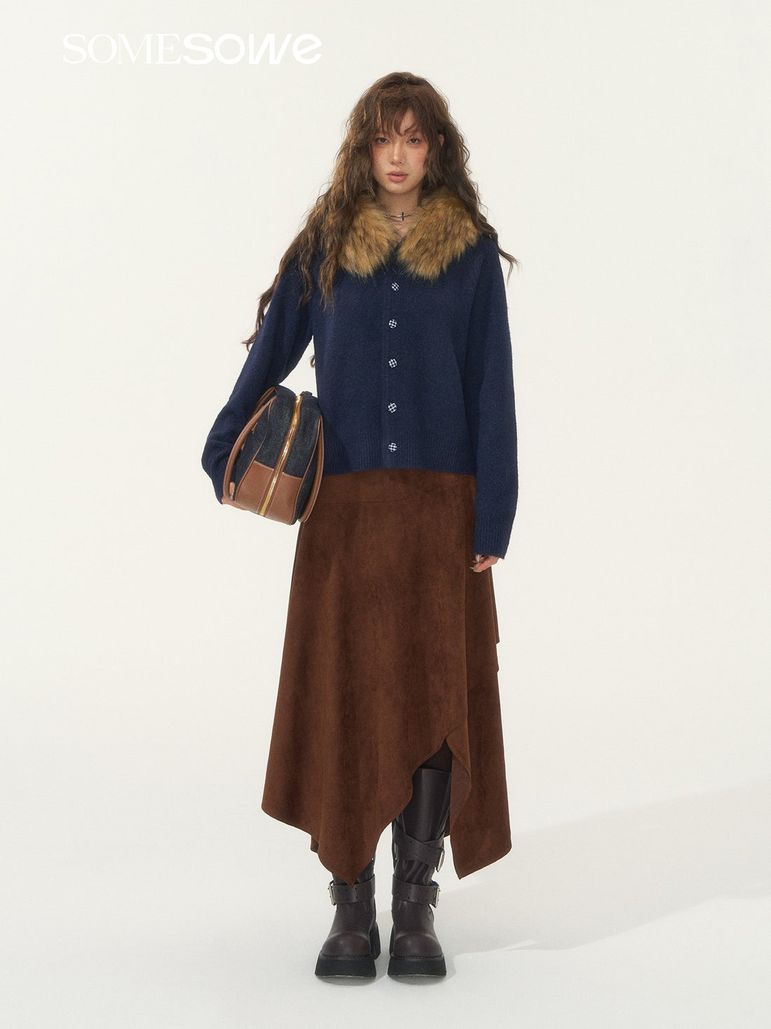 SOMESOWE S2508279 Detachable wool collar cowhide hooded cardigan