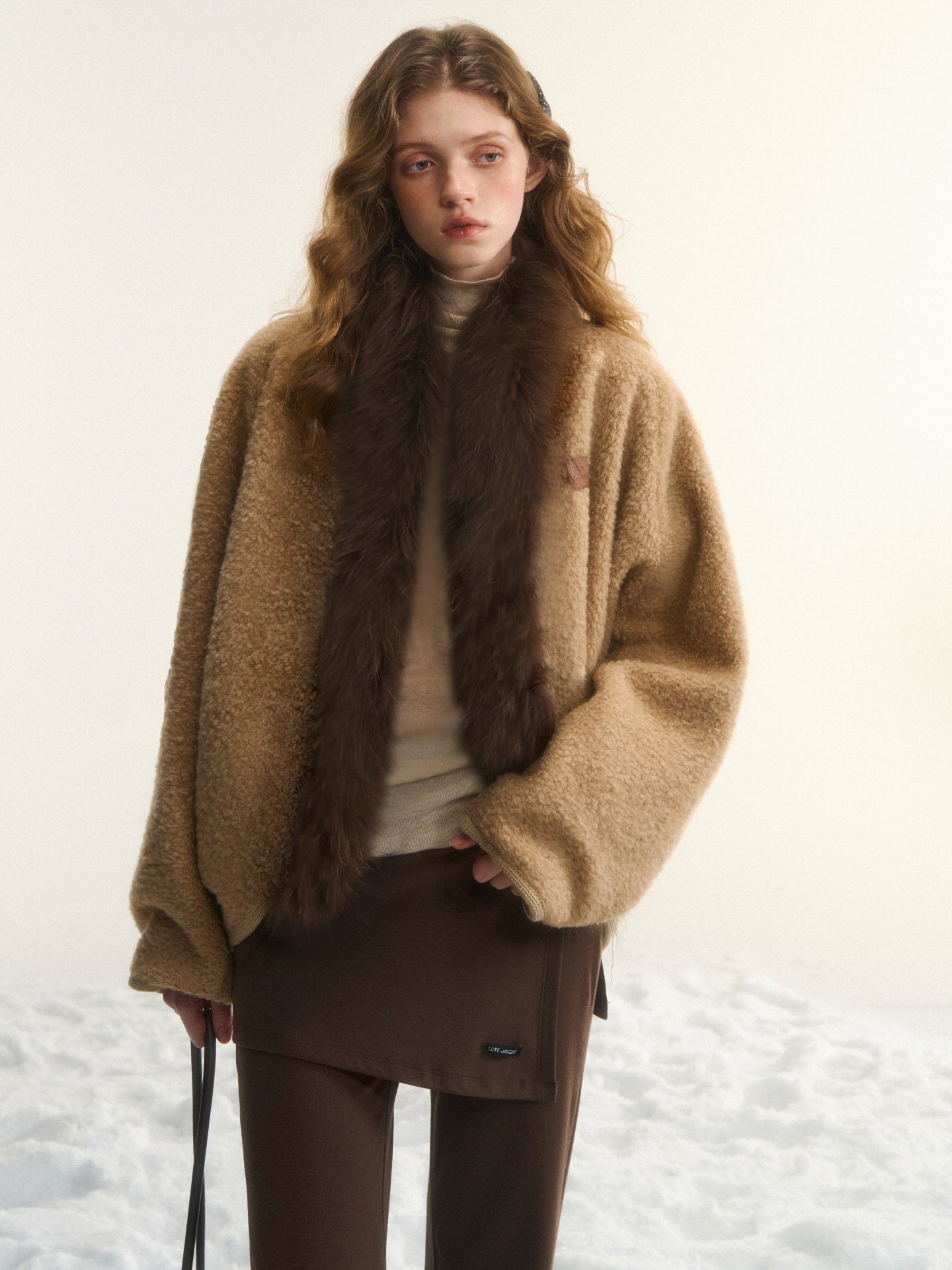 AsGony ASG25539 Wool collar cocoon shaped cardigan shawl jacket