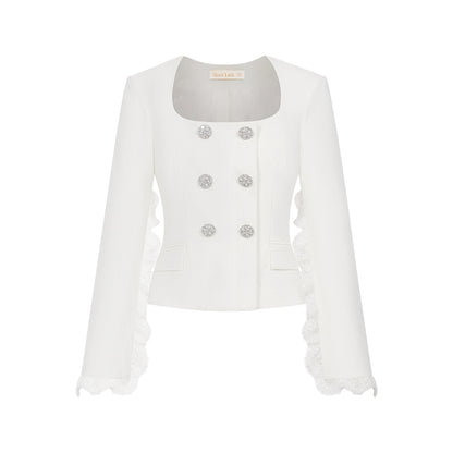 SHEERLUCK SLTZ25408 Vintage stand collar lace suit jacket + skirt set