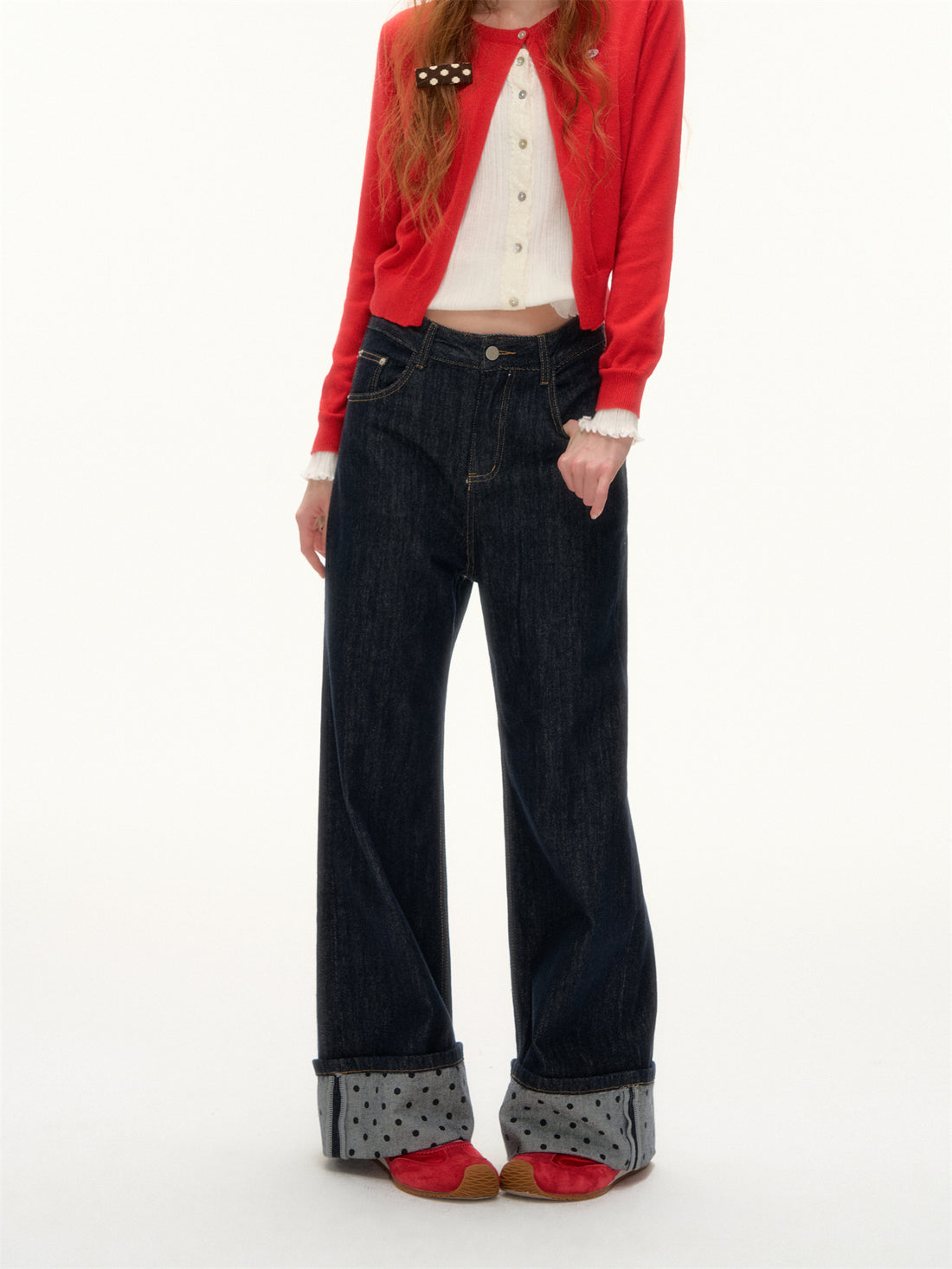 AsGony ASG25393 Flip up polka dot denim jeans