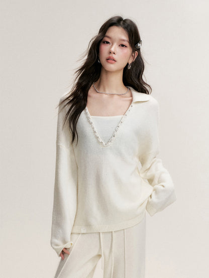 16DEWS 16D25470 Fake Two Piece Bead Chain Collar Knitted Sweaters