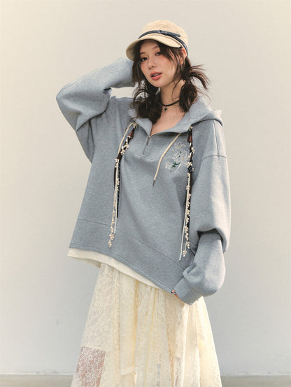 AsGony ASG25347 Flower embroidered casual loose pullover hoodie