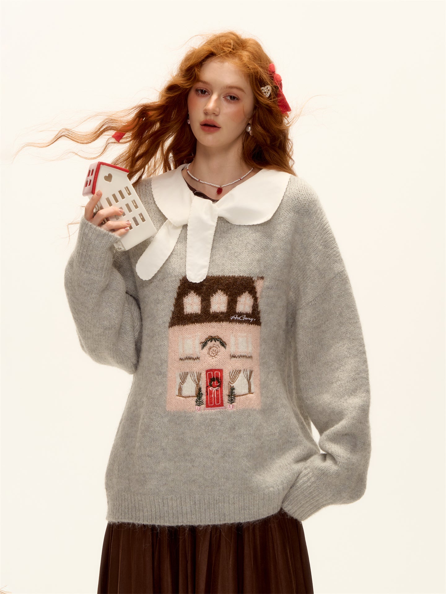 AsGony ASG25472 Jacquard embroidered round neck pullover sweater