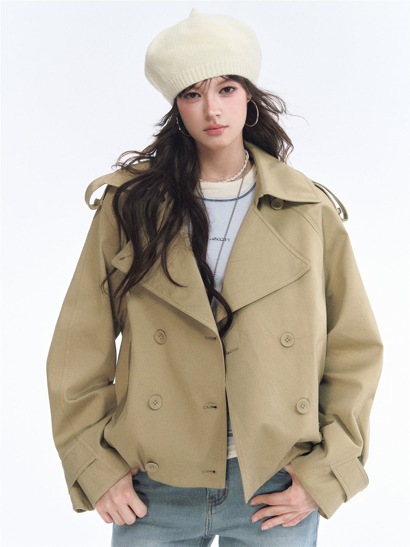 Asgony ASG26553 Tulip Stand Collar Double-Breasted Trench Coat