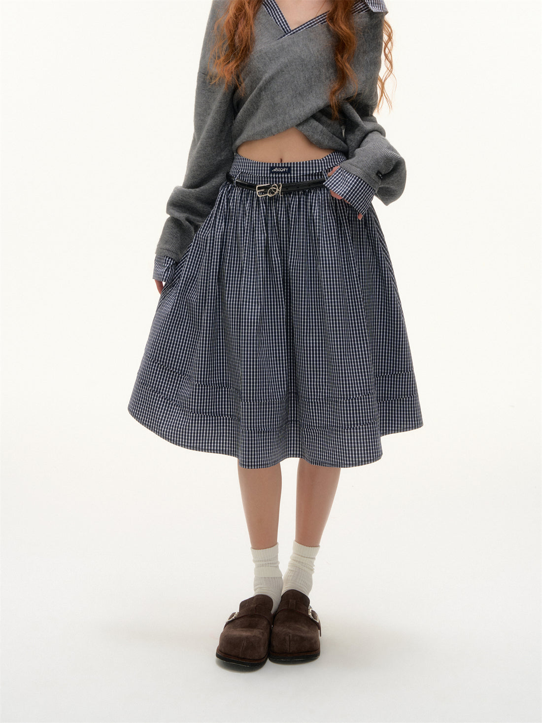 AsGony ASG25413 Plaid pleated midi skirt
