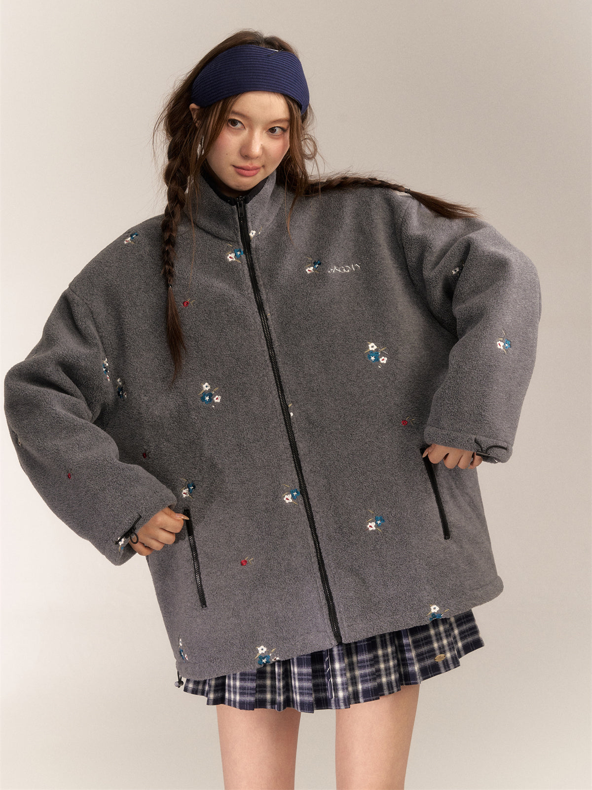 AsGony ASG24647 Floral embroidery fleece coat