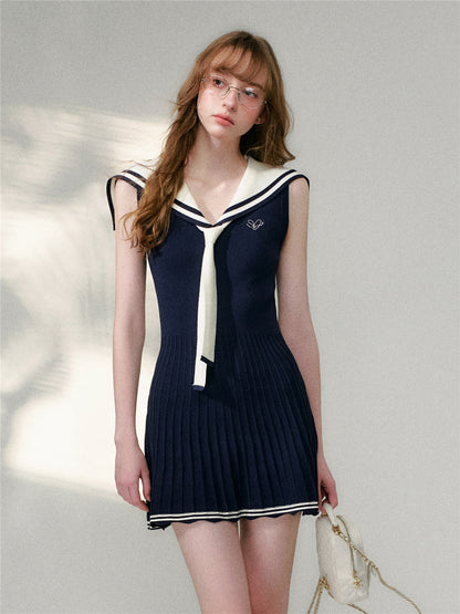 16DEWS 16D26121 Navy collar slim fit sleeveless A-line dress