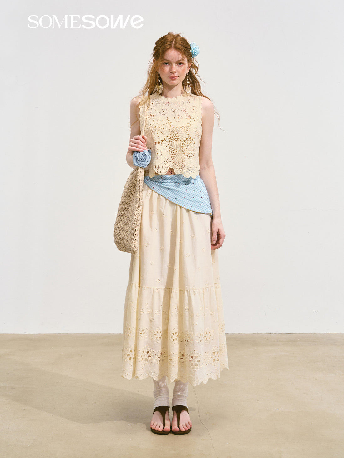 SOMESOWE S2508107&S2508118 Embroidered hollow flower vest + skirt set