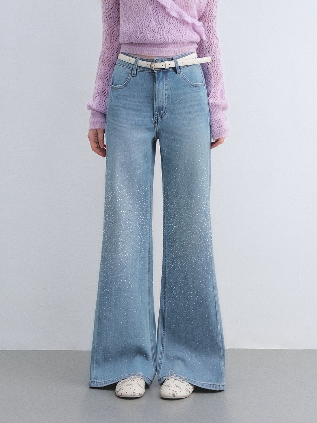 AsGony ASG26041 Washed rhinestone decorated micro flared jeans