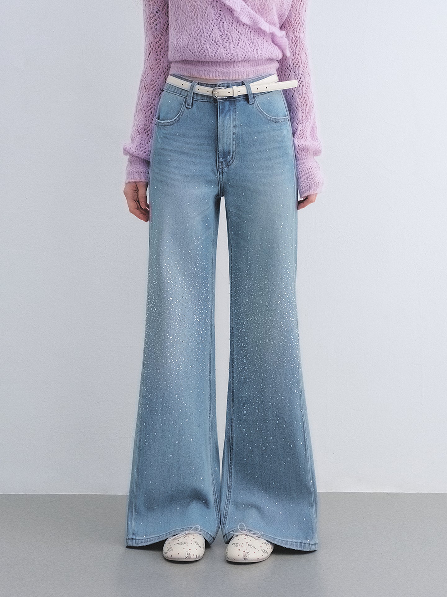 AsGony ASG26041 Washed rhinestone decorated micro flared jeans