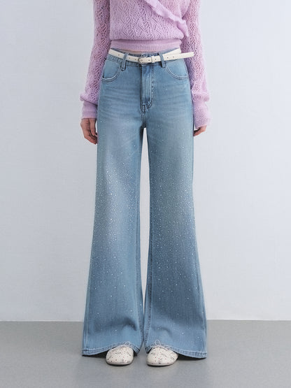 AsGony ASG26041 Washed rhinestone decorated micro flared jeans