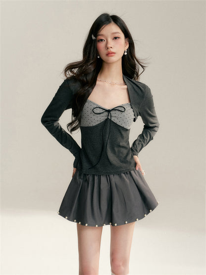 16DEWS 16D26045&amp;16D26046 Stripe contrasting fake two V-neck slim fit top + skirt set