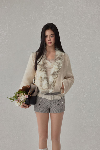 NONCESTNON N275 Knitted fur collar buttonless jacket