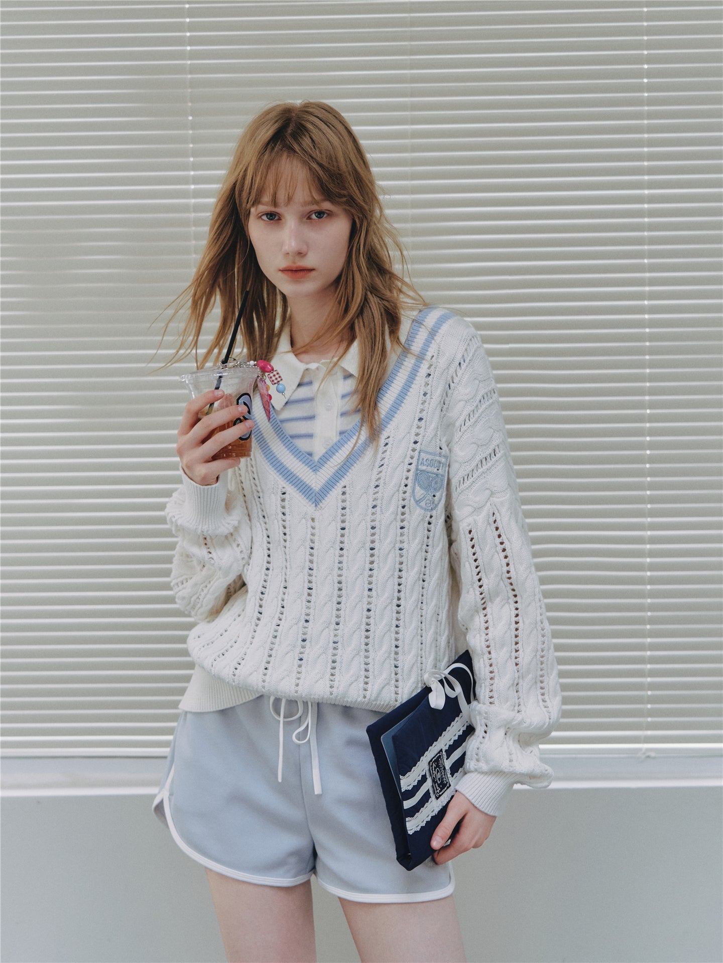 Asgony ASG26546 Cotton V-Neck Openwork Cable Knit Sweater