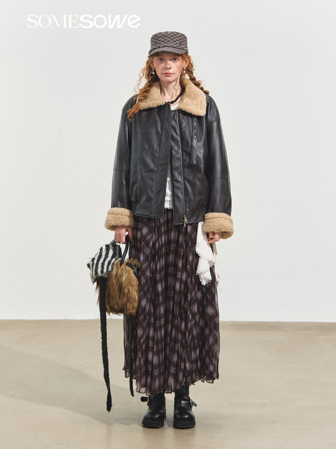 SOMESOWE S2508232 Shearling Motorcycle Jacket with Lapel