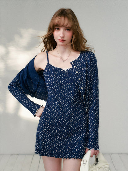 16DEWS 16D26129&amp;16D26130 Blue floral short cardigan + camisole dress