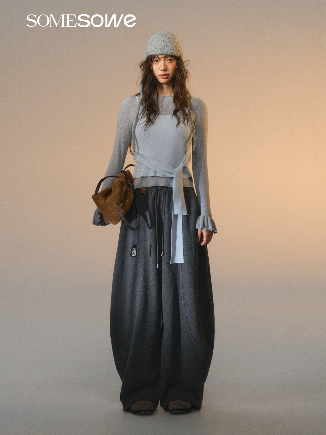 SOMESOWE S2508249 Fake two contrasting round neck tied sweaters (gray blue)