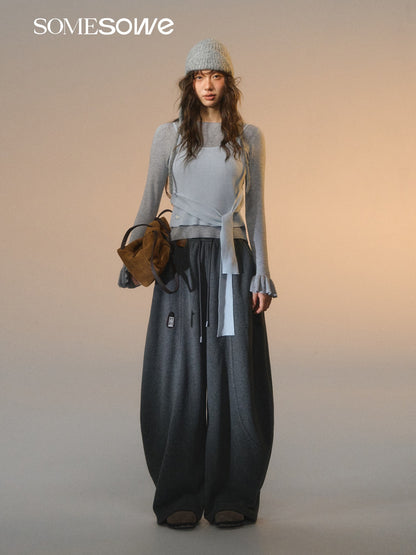 SOMESOWE S2508249 Fake two contrasting round neck tied sweaters (gray blue)