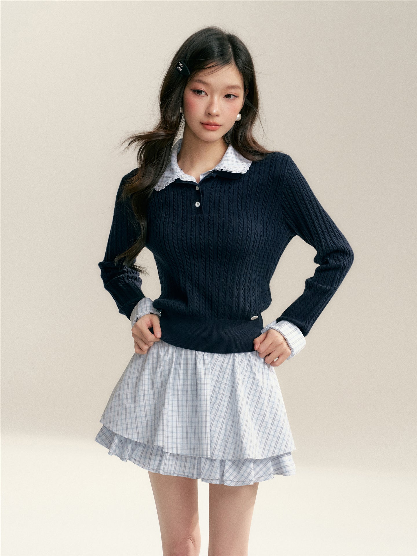 16DEWS 16D26009 Fake two-piece checkered spliced knitted sweater