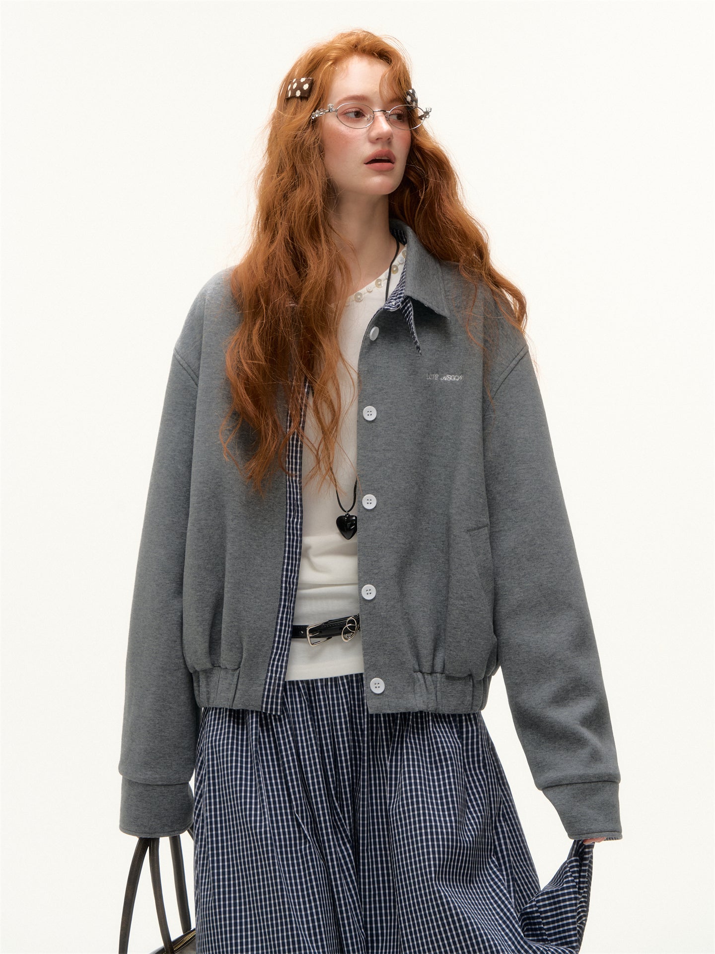 AsGony ASG25368 Plaid patchwork lapel embroidered jacket
