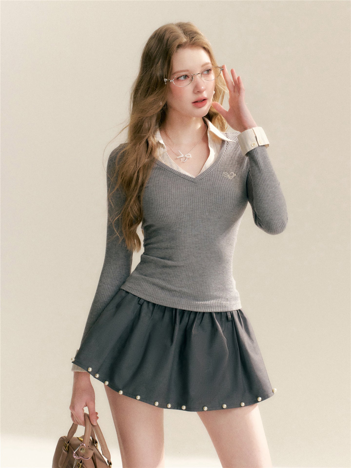 16DEWS 16D26041 Contrast striped patchwork V-neck top