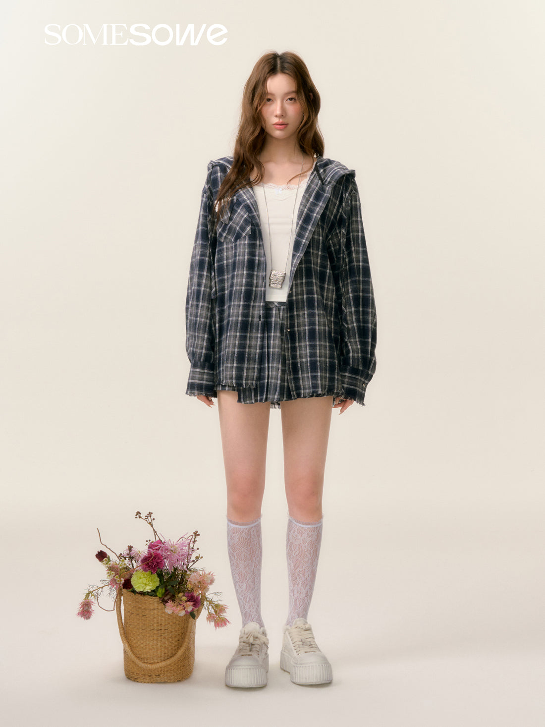 SOMESOWE S2508025&S2508026 Plaid hooded shirt + shorts set(seperate)