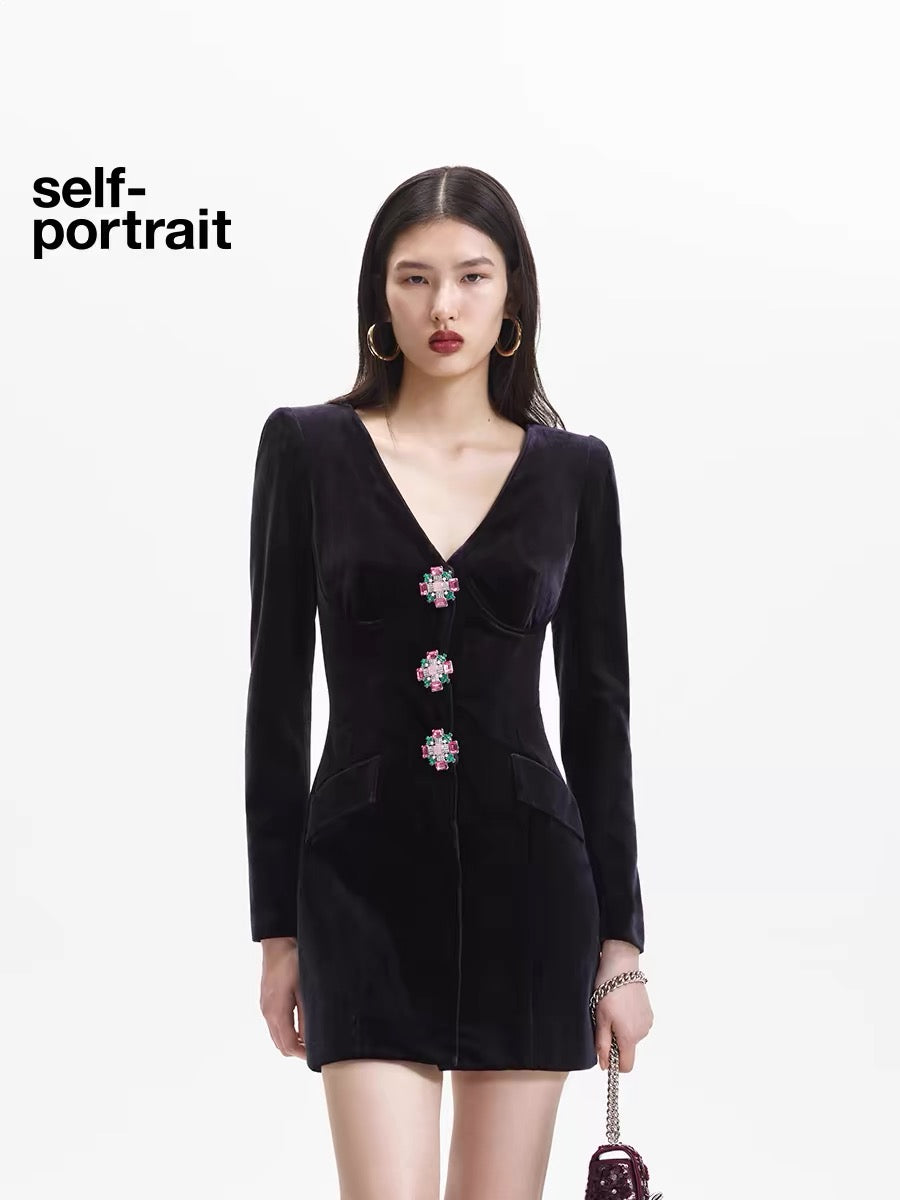 Self-Portrait BLACK VELVET V-NECK MINI DRESS