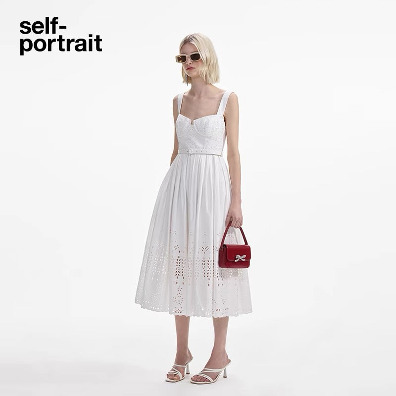 Self-Portrait WHITE COTTON BRODERIE MIDI DRESS