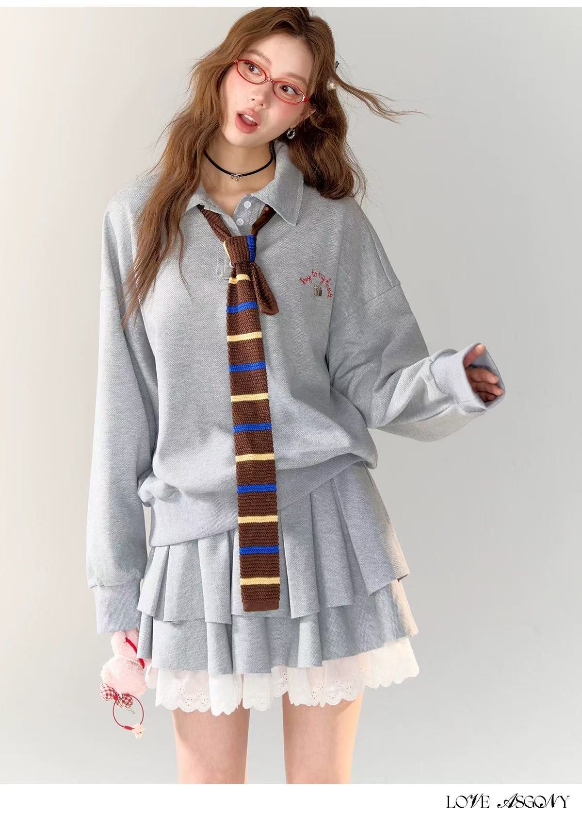 AsGony ASG24710 ASG24711 Preppy style hoodie + skirt set