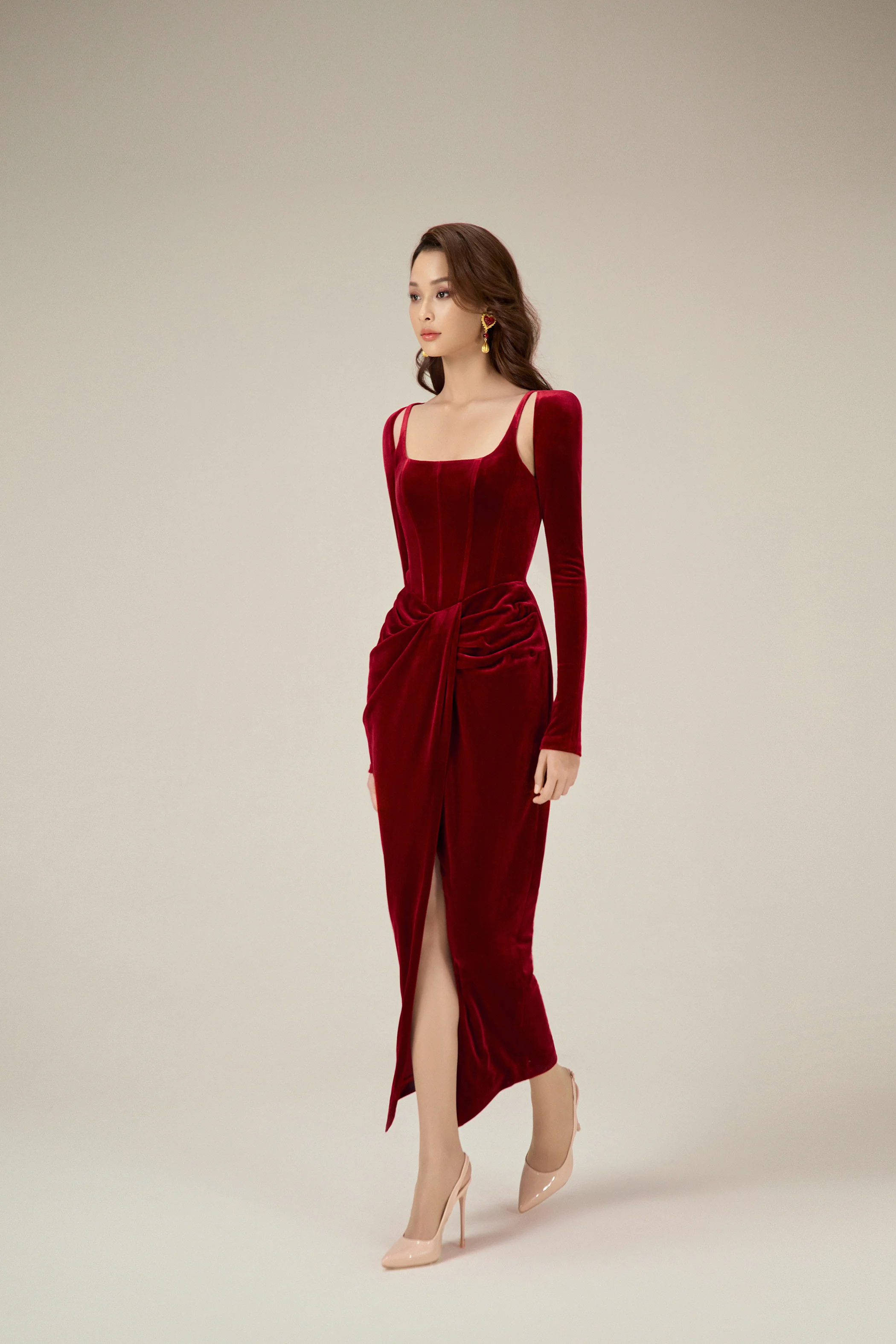 LOBBSTER BORDEAUX VELVET DRAPED DRESS