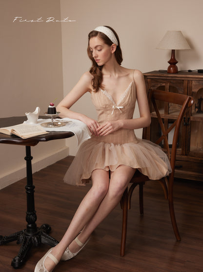 First Date Nude lace bow camisole puffy dress